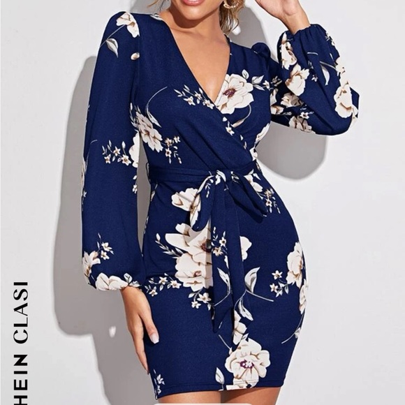 SHEIN Clasi Surplice Neck Lantern Sleeve Self Belted Floral Dress size Large - Picture 3 of 4